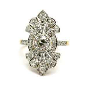 Art Deco Style Antique Old European Cut 18 Karat and Platinum Diamond Ring, Size 6.75