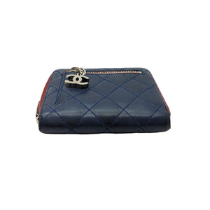 Chanel Blue Bicolor Quilted Maroon Trim Compact Zip Around Wallet