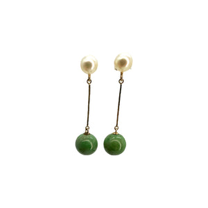 14K Yellow Gold, Pearl & Jadeite Bead Dangle Earrings