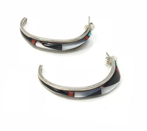 Native American Sterling Silver Turquoise Pearl Onyx Half Moon Earrings