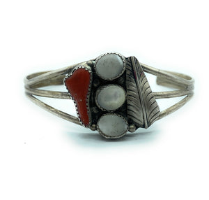 Vintage 1960's Navajo Sterling Silver, Oyster, & Coral Tri-Shank Cuff Bracelet