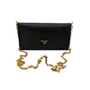 Prada Black Saffiano Metal Oro Chain Wallet Crossbody - TheRelux.com