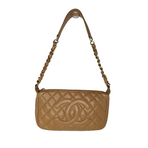 Chanel Timeless CC Chain Pochette Beige Quilted Caviar