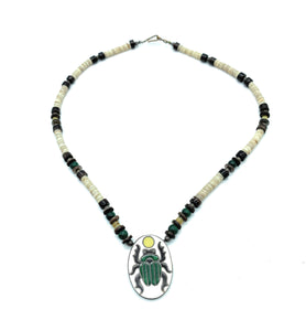 Vintage 1970's Native American Shell & Spiny Oyster Heishi Scarab Pendant Choker