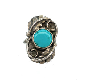 Vintage Old Pawn Navajo Sterling Silver & Turquoise Split Shank Ring - Sz. 4.5
