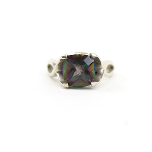 14K White Gold Ring with Checkerboard Cushion Cut Mystic Topaz in Filigree Setting