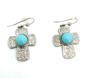 Sterling Silver & Turquoise Colored Blue Stone Crucifix Pendant & Earrings Set