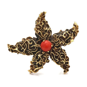 Vintage 18K Yellow Gold & Mediterranean Coral Starfish Brooch