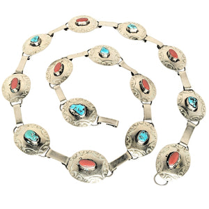 Hechden Mexico Signed 14 Station Concho Link Sterling Turquoise Coral Belt