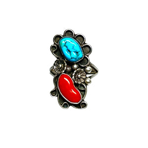 Old Pawn Navajo Split Shank Sterling Silver, Coral, & Turquoise Ring - Sz. 6.5