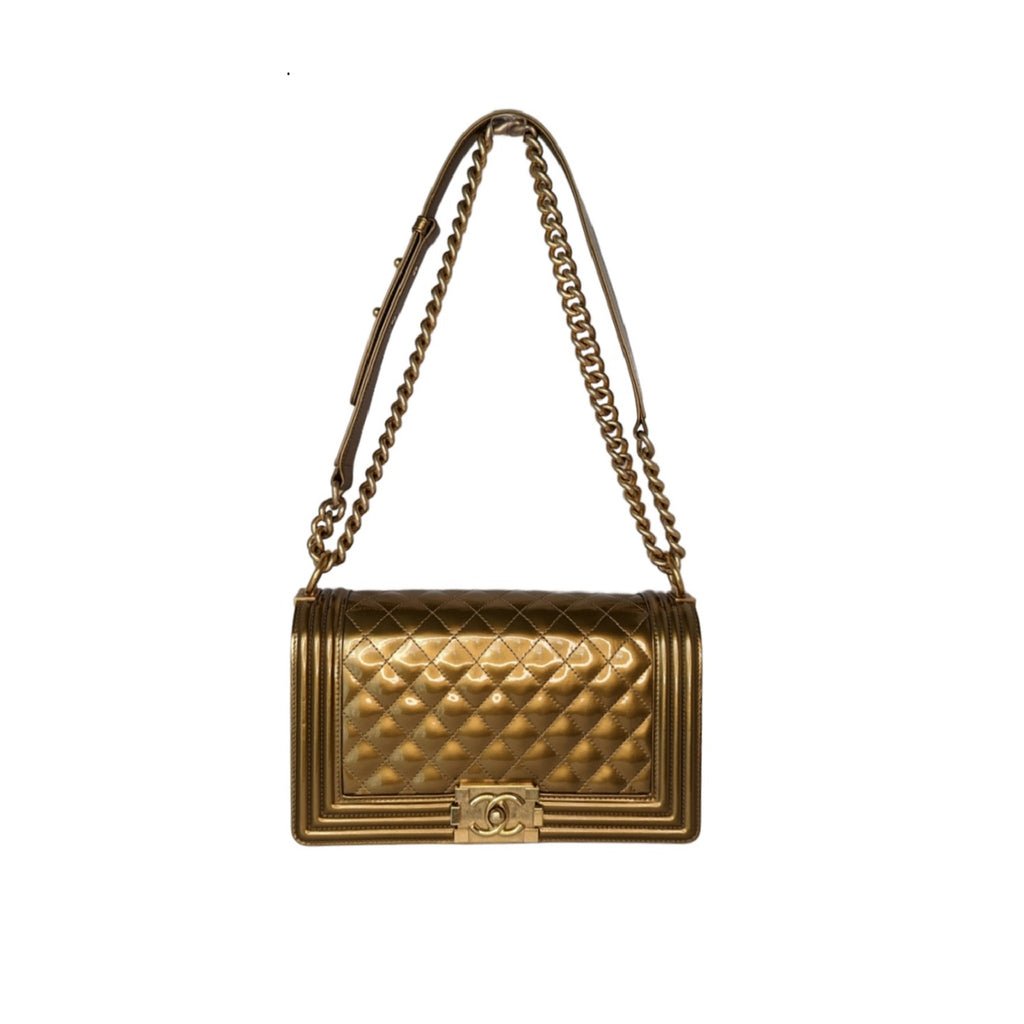 CHANEL Gold Metal Quilted Flap Bag Charm Chain Link Necklace