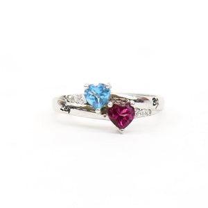 10K White Gold Ring with Heart Motif, Blue Topaz, Garnet and Diamonds