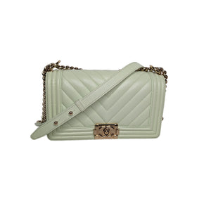 Chanel Caviar Chevron Quilted Medium Boy Flap Light Green 