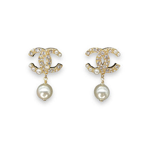 Chanel CC Strass & Faux Pearl Drop Earrings 