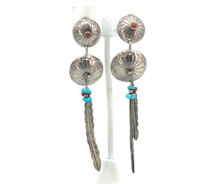 Old Pawn Sterling Silver, Turquoise, & Coral Concho & Feather Dangle Earrings
