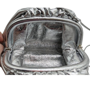 BOTTEGA VENETA Metallic Bark Calfskin Embossed The Pouch Oversized Clutch  Silver 871281