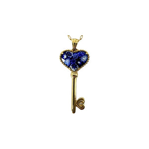 14K Yellow Gold Blue Murano Glass Heart Key Necklace
