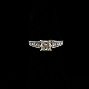 14K White Gold Engagement Ring 0.91ctw Princess Cut Diamond and Filigree