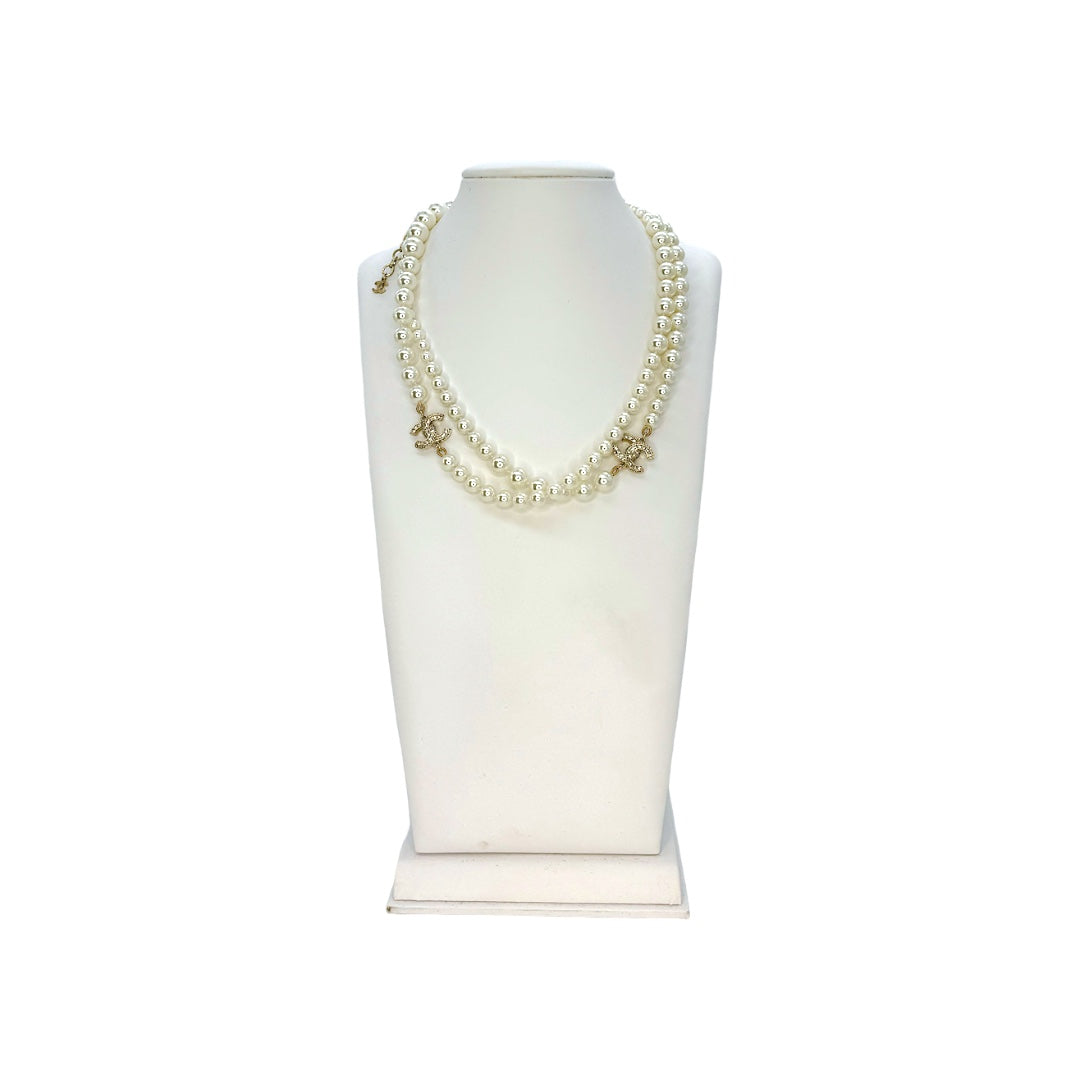 Chanel Crystal & Faux Pearl CC Multistrand Bead Bracelet - Grey