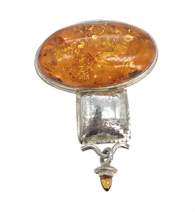 Vintage Old Pawn Amber & Sterling Silver Pendant Brooch