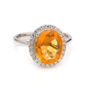 14K White Gold Oval Orange Opal & Diamond Halo Engagement Ring - Sz. 6.75
