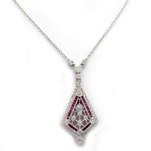 Art Deco 18K White Gold 0.75ctw Diamond & Synthetic Ruby Pendant Necklace