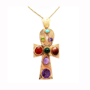 14K 2-Tone Gold & Multi-Gemstone Ankh Pendant Necklace