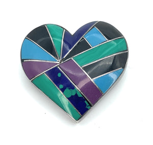Mexico Sterling Silver Multi-Stone Inlay Heart Brooch Pendant