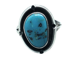 Vintage Old Pawn Navajo Sterling Silver & Turquoise Shadowbox Ring Sz. 6.5