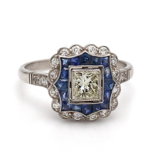 Platinum 0.62ct Princess Cut Diamond & Sapphire Engagement Ring - Sz. 6.5