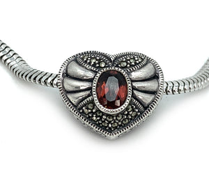 Sterling Silver Thai Puffy Heart Pendant w-Synthetic Ruby & Hematite Necklace