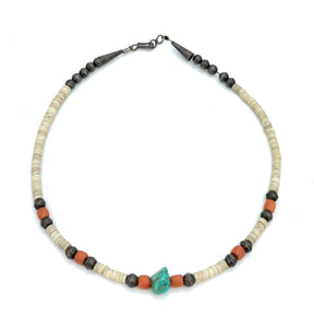 Vintage Navajo Sterling Silver, Turquoise, Coral, & Shell Heishi Bead Choker