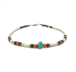 Vintage Navajo Sterling Silver, Turquoise, Coral, & Shell Heishi Bead Choker