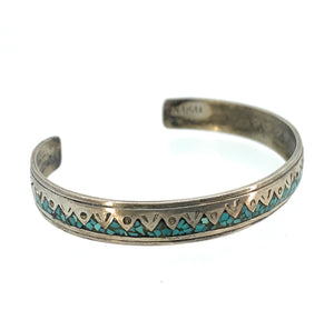 Vintage Old Pawn Zuni Sterling Silver Micro Inlay Turquoise Cuff Bracelet