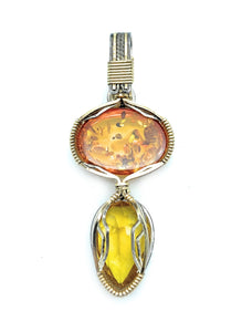 Vintage 1980's Stainless Steel & Gold Tone Metal Amber & Citrine Pendant
